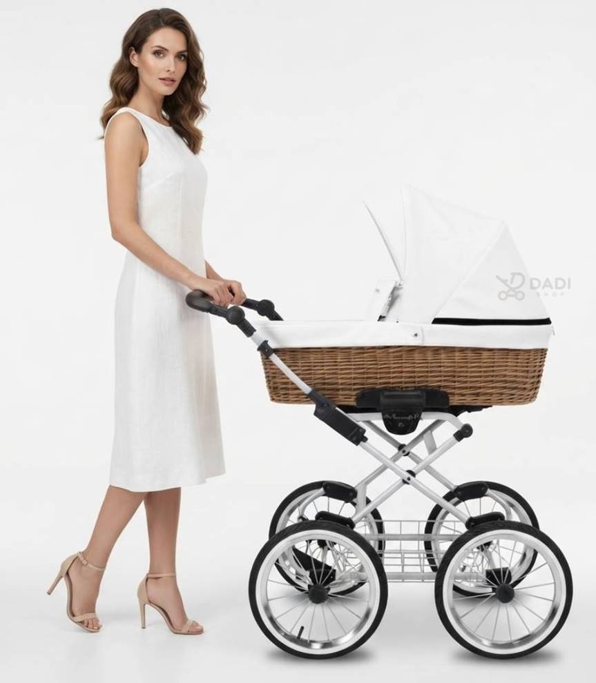 Elegant woman in a white dress pushing a Kunert Romantic Classic baby stroller with a white wicker bassinet and large classic wheels on a white background.