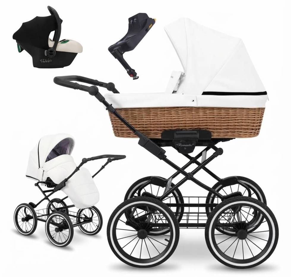 Kunert Romantic Classic 4-in-1 stroller set on a black frame with white wicker bassinet, seat unit, car seat, and ISOFIX base.
