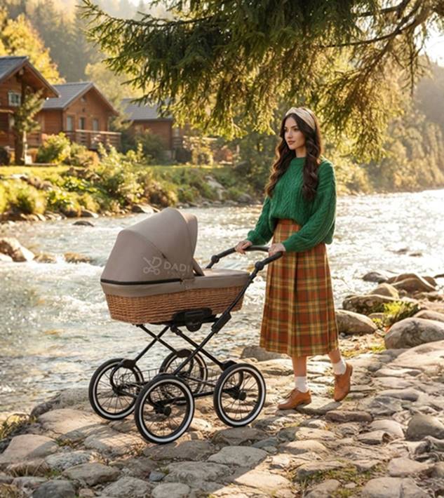 kobieta pcha wózek głęboki Romantic Classic na kamienistym brzegu rzeki. Model z wiklinową gondolą i dużymi kołami w górskim otoczeniu.