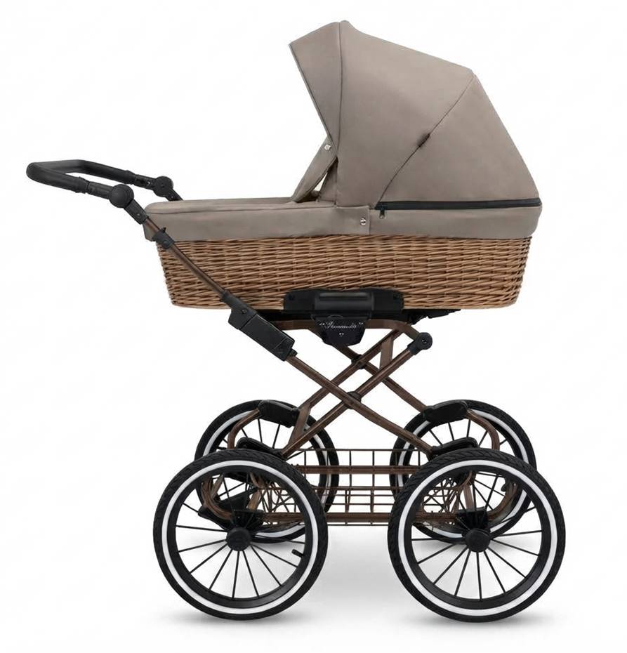 KUNERT Romantic Classic w kolorze Latte 18 z brązową ramą – wózek dziecięcy na białym tle