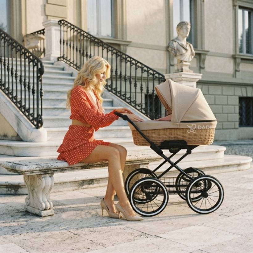 Modelka w stylizacji retro zagląda do wiklinowej gondoli wózka KUNERT Romantic Classic Latte 18