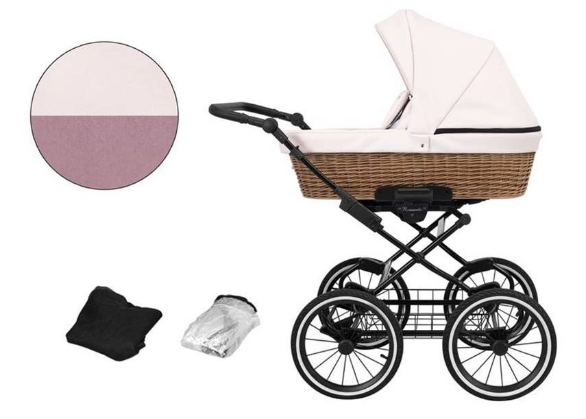 wózek retro Kunert Romantic Classic 15 róż eco skóra z wiklinową gondolą, czarnym stelażem, dużymi kołami oraz akcesoriami w postaci torby i folii.