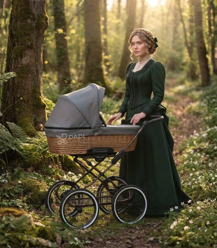 Kunert Baby vintage-style pram featuring a wicker carrycot on large retro wheels during a scenic walk in a magical woodland.