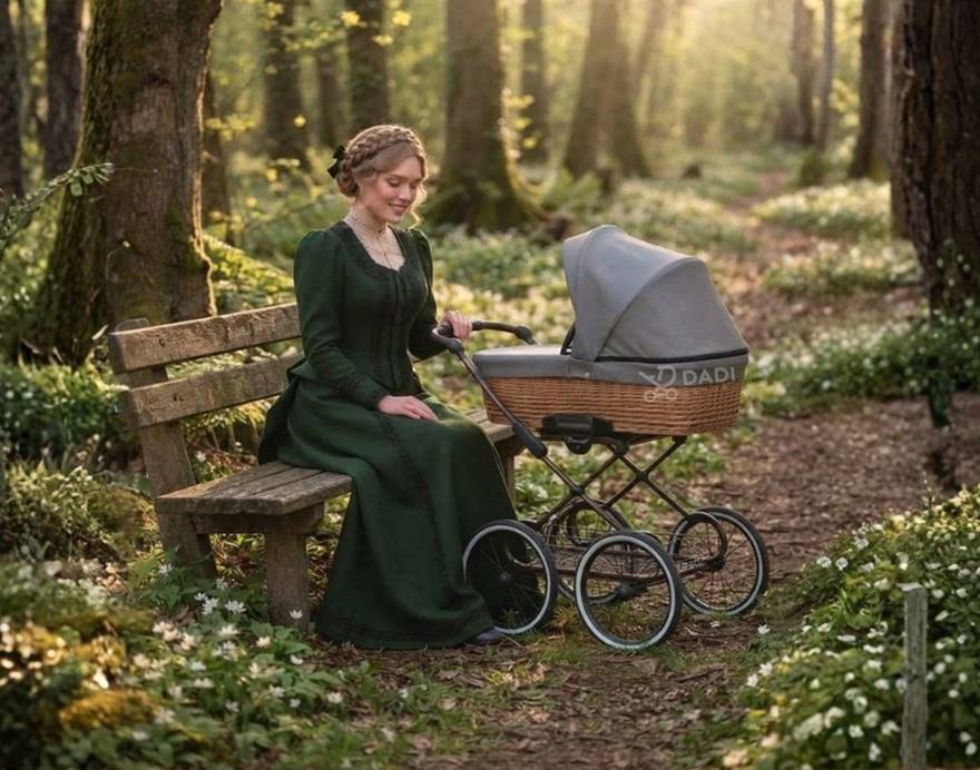 Marka Kunert Baby prezentuje wózek retro Romantic Classic z wiklinową gondolą, przy którym siedzi na ławce kobieta w stylowej historycznej kreacji i z warkoczem.