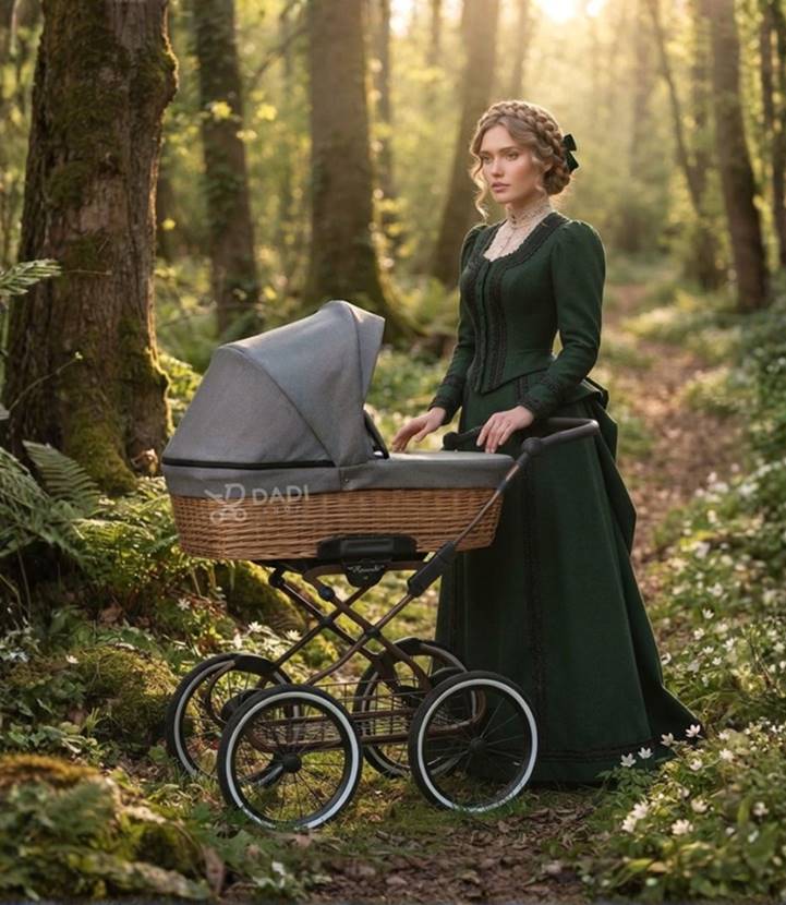 Kobieta w zielonej sukni spaceruje leśną ścieżką z wózkiem 3w1 Kunert Romantic Classic marki Kunert Baby na wysokich retro kołach.