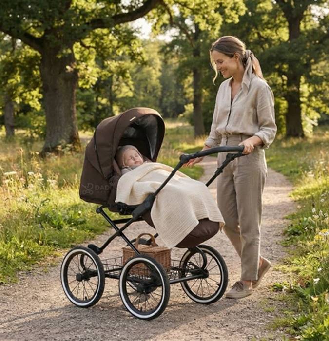 Elegancki wózek spacerowy Kunert Romantic Classic z dużymi kołami, prowadzony przez mamę w parku