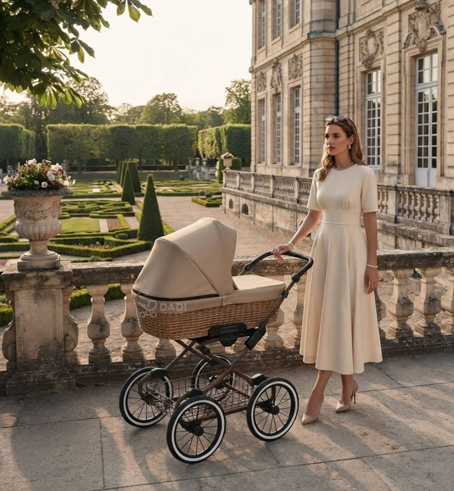Klasyczny wózek dziecięcy Kunert Romantic Classic w wersji beżowej z wiklinowym koszem zaprezentowany w luksusowej scenerii zabytkowego pałacu.