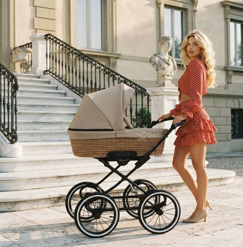Elegancka blondynka w czerwonym komplecie w grochy stoi obok beżowego wózka dziecięcego Kunert Romantic Classic z dużymi kołami retro, na tle marmurowych schodów rezydencji.
