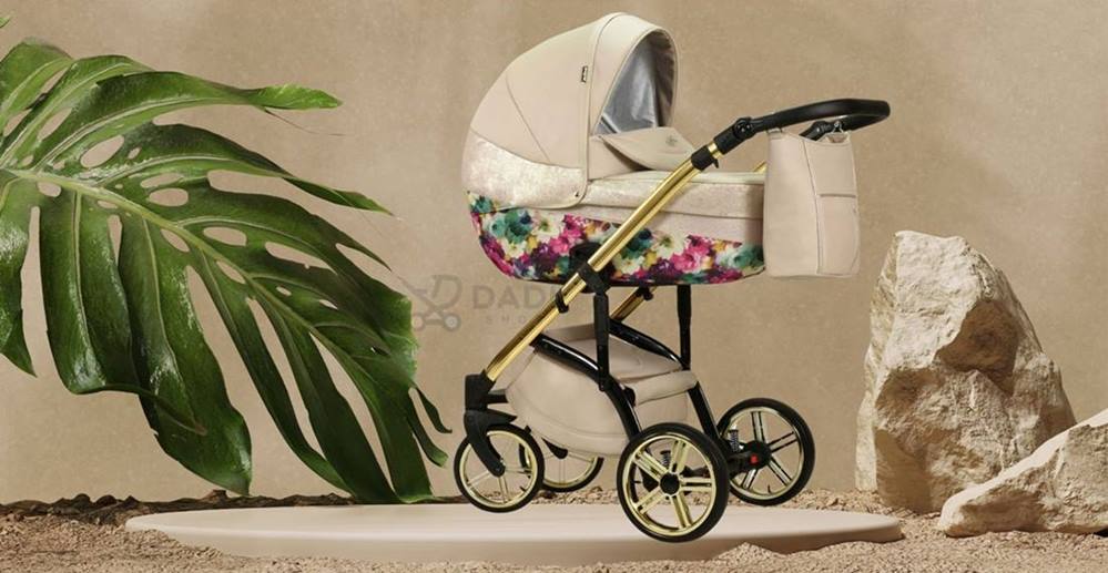 Wózek 2w1 Wiejar Molokai Duo w kwiaty. Sesja studyjna luksusowego modelu Modo Exclusive w beżowej odsłonie dla Dadi-Shop.