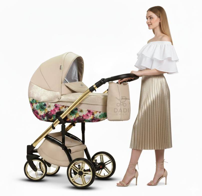 Elegancki wózek dziecięcy 3w1 Wiejar Molokai Duo w kolorze beżowym z subtelnym motywem kwiatowym na gondoli, zaprezentowany na nowoczesnym stelażu