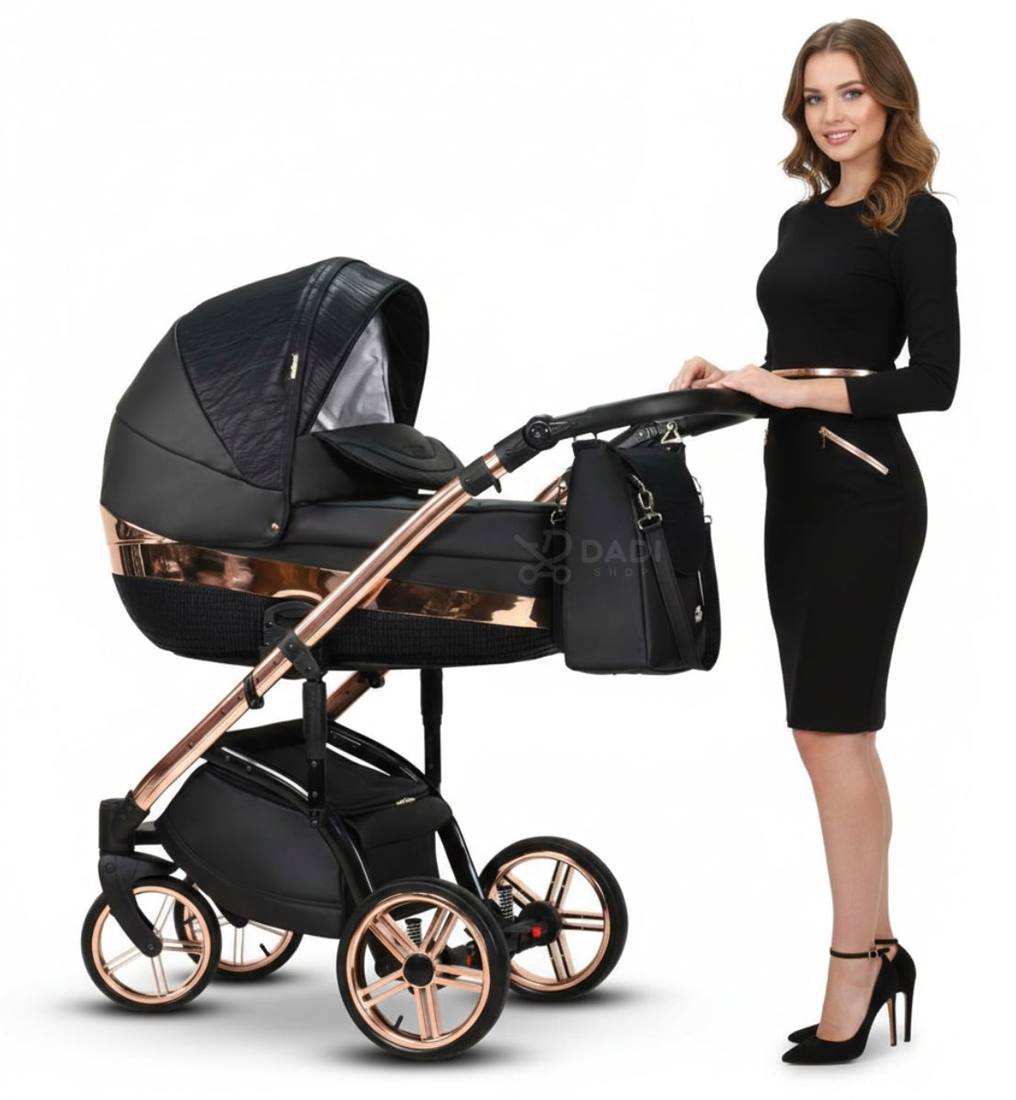 Wózek wielofunkcyjny 3w1 Wiejar Monte Negro 2026 Exclusive. Prezentacja modelu na białym tle – nowoczesna gondola i miedziany stelaż.