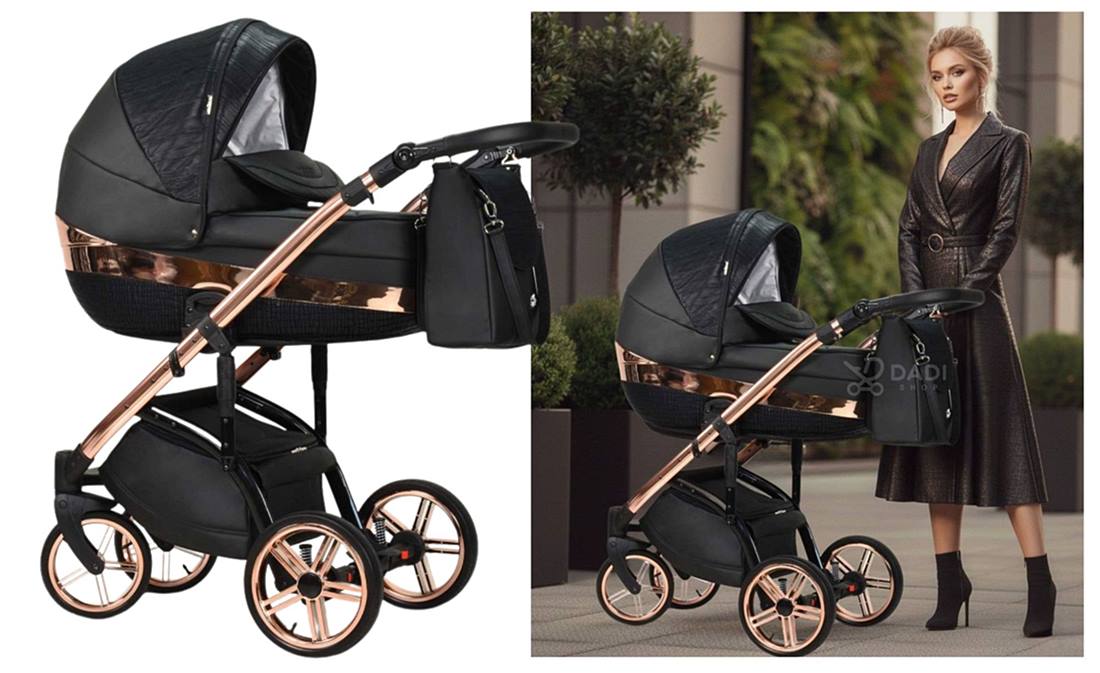 Stylowa mama z czarnym wózkiem Wiejar Monte Negro. Elegancka gondola 2w1 na miedzianej ramie – edycja Exclusive.,