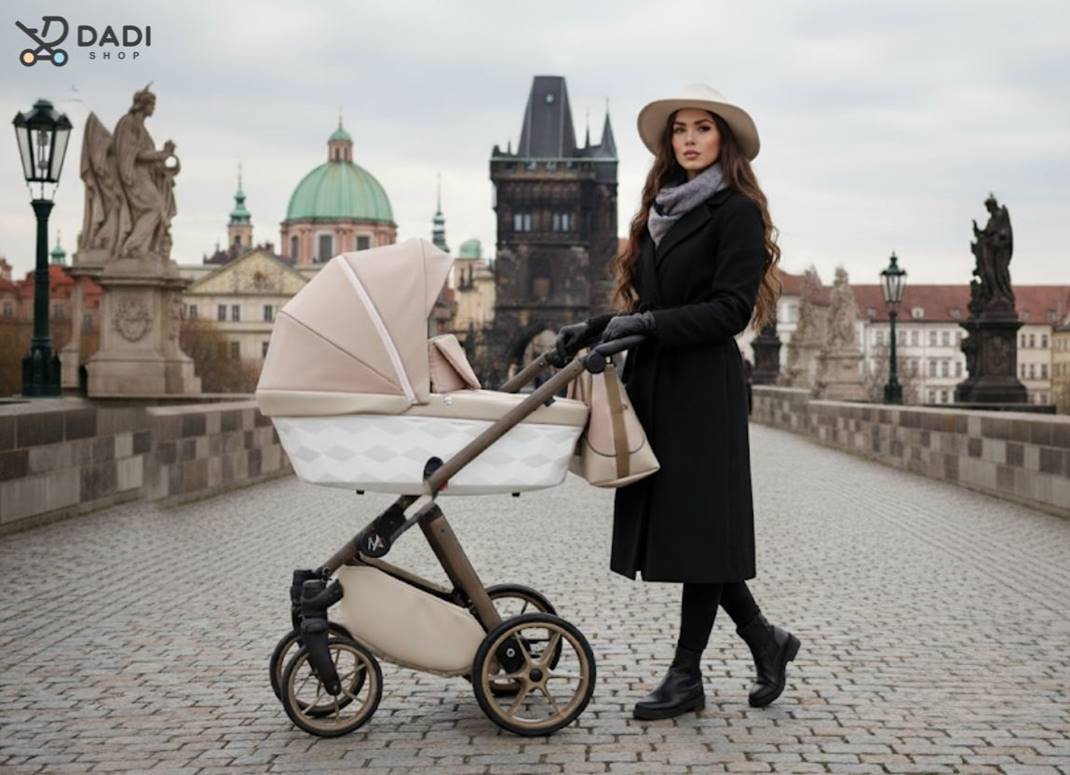 Wózek wielofunkcyjny Natoni Baby Abis w wersji 2w1, 3w1 lub 4w1, elegancka prezentacja w jesiennej scenerii, styl i wygoda dla mamy i dziecka