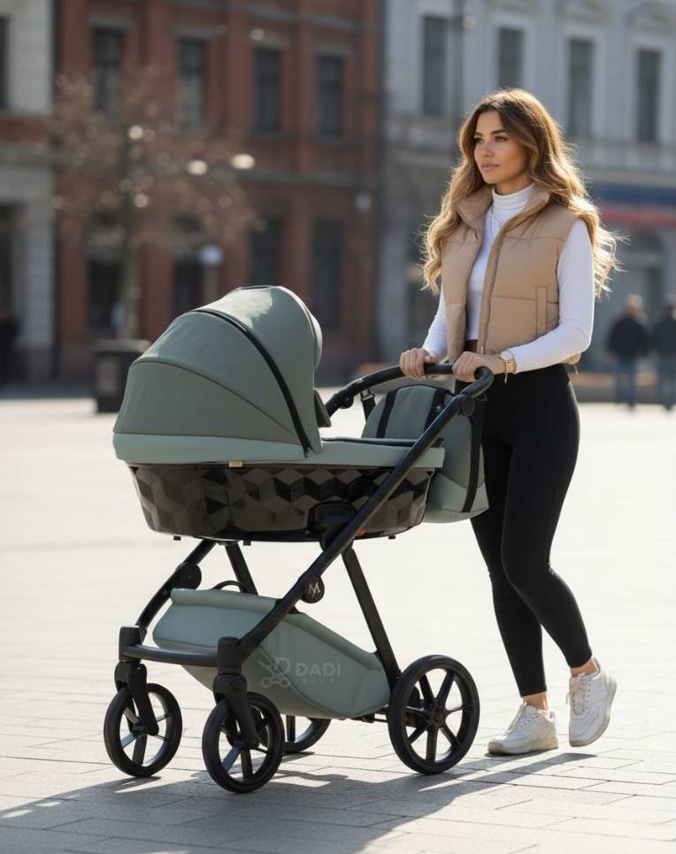 Młoda kobieta  spaceruje z wózkiem Natoni Abis w kolorze zielonym.
