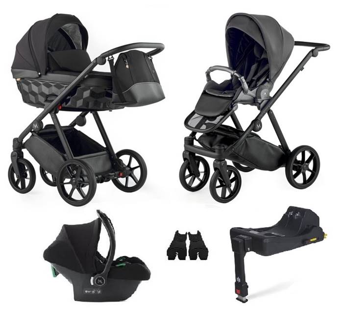 Wózek 4w1 z bazą ISOFIX Natoni Baby Abis w kolorze czarnym, obejmujący gondolę, spacerówkę oraz fotelik samochodowy Cosmo. Idealny zestaw dla rodziny, zapewniający bezpieczeństwo i komfort podróży.