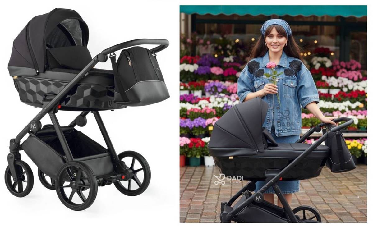 Wózek dziecięcy 2w1 Natoni Abis w kolorze Pitch Black z nowoczesną gondolą 3D, prezentowany w miejskiej scenerii, kobieta z kwiatem.
