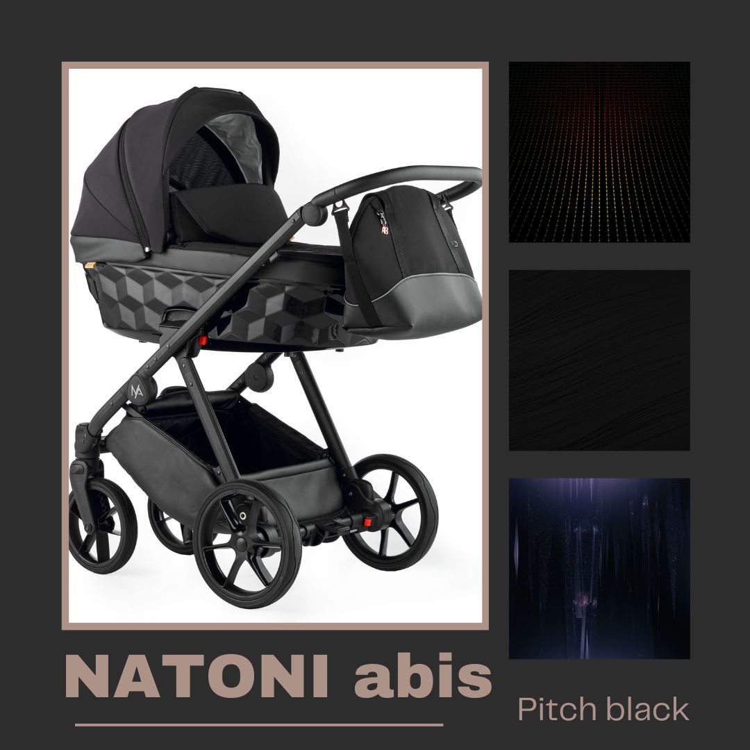 Nowoczesny wózek dziecięcy Natoni Abis w kolorze Pitch Black (głębokiej czerni), w konfiguracji 2w1/3w1/4w1, ukazujący jego wszechstronność i elegancki design.