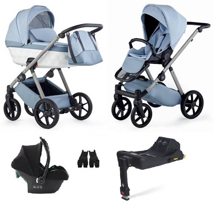 Blue pram travel system – wózek 4w1 Natoni Abis Powder Blue z jasnoniebieską gondolą, spacerówką, fotelikiem i bazą ISOFIX, idealny na co dzień.