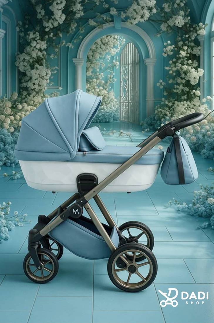 Light blue pram Natoni Abis – nowoczesny wózek dla chłopca w kolorze Powder Blue (Baby Blue), dostępny w wersji  3w1, w bajkowej scenerii, sklep Dadi-Shop.