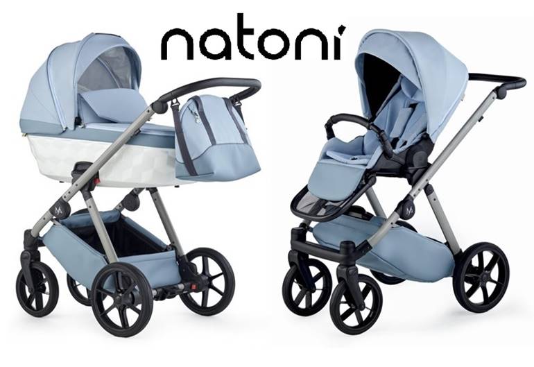 Wózek głęboko-spacerowy 2w1 Natoni Abis w jasnym pudrowym niebieskim (Powder Blue) – elegancka gondola i spacerówka, dostępny w sklepie Dadi-Shop.