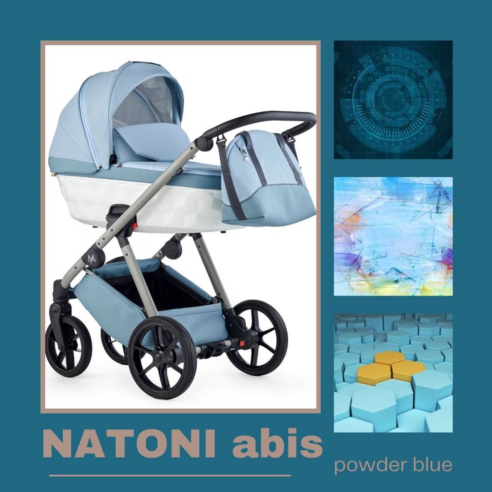 Wózek Natoni Powder Blue – jasny błękitny, nowoczesny model 2w1/3w1/4w1 z wymiarami i wagą, dostępny w sklepie Dadi-Shop.