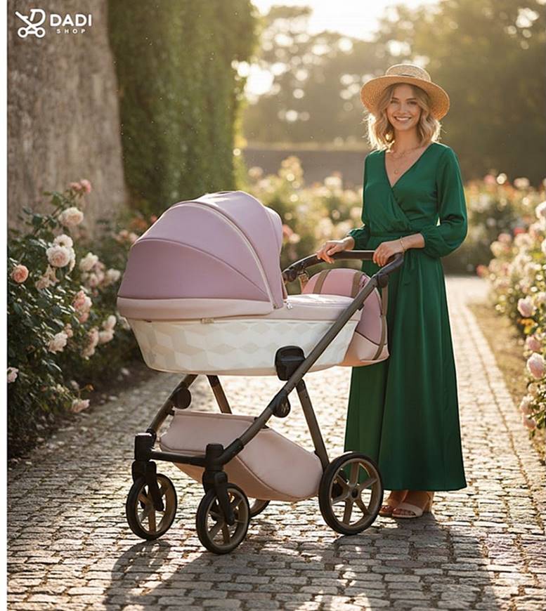 Wózek 2w1 Natoni Abis Rose Dust w pudrowym różu z bielą, elegancki i funkcjonalny, idealny na codzienne spacery z dzieckiem.