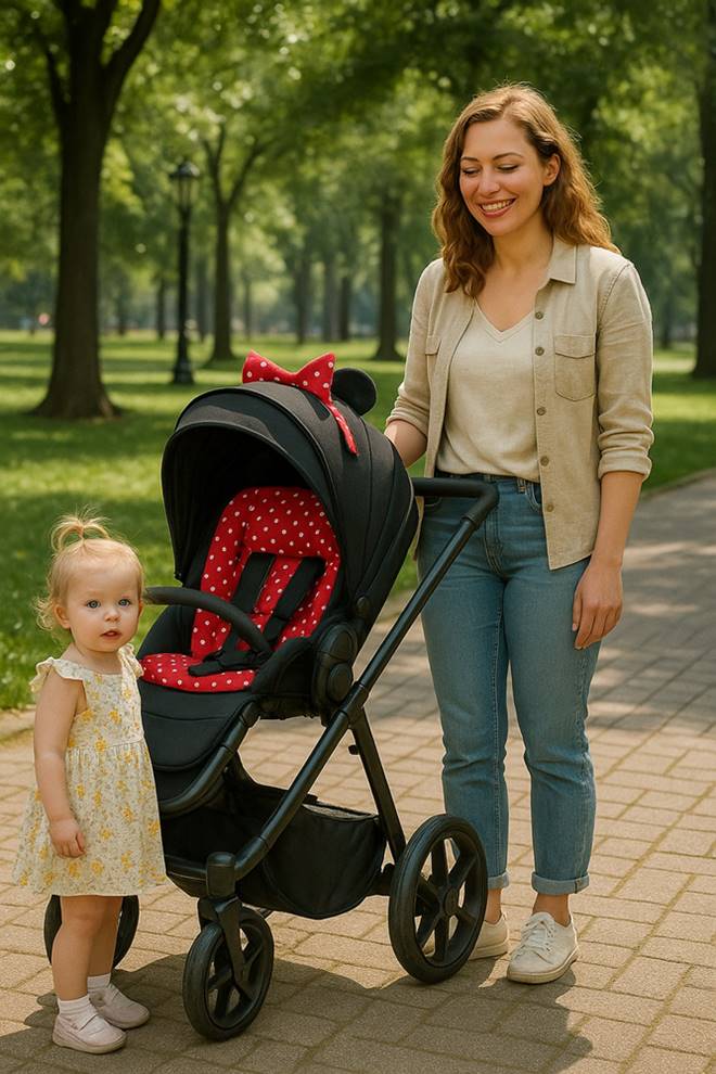 Wózek spacerowy Natoni Joy Black Mickey w plenerze, idący parkową alejką , widoczna sylwetka wózka z daleka, otoczenie zieleni.