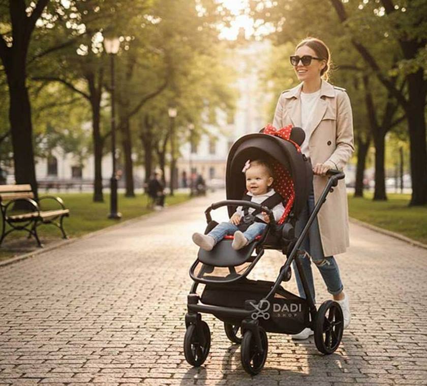 Natoni Joy New w kolorze czarnym, mama na spacerze z dziewczynką, komfortowa spacerówka do 22 kg.