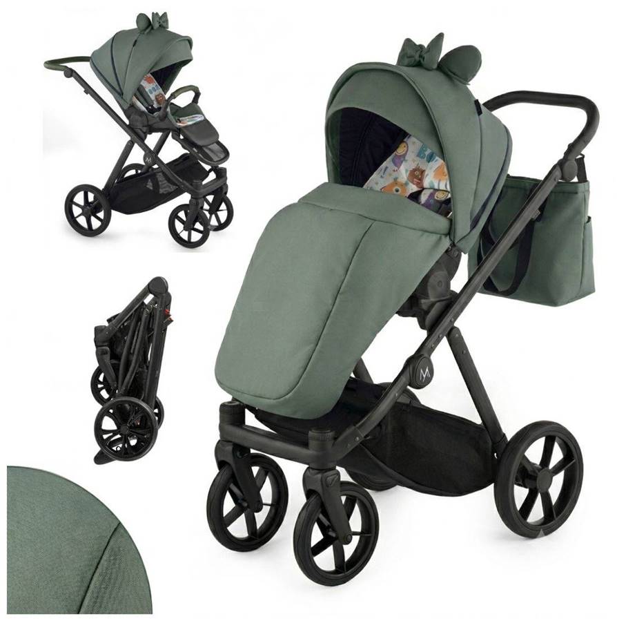 Wózek spacerowy Natoni Joy w kolorze khaki, prezentujący warianty rozłożony oraz złożony do transportu wraz z torbą