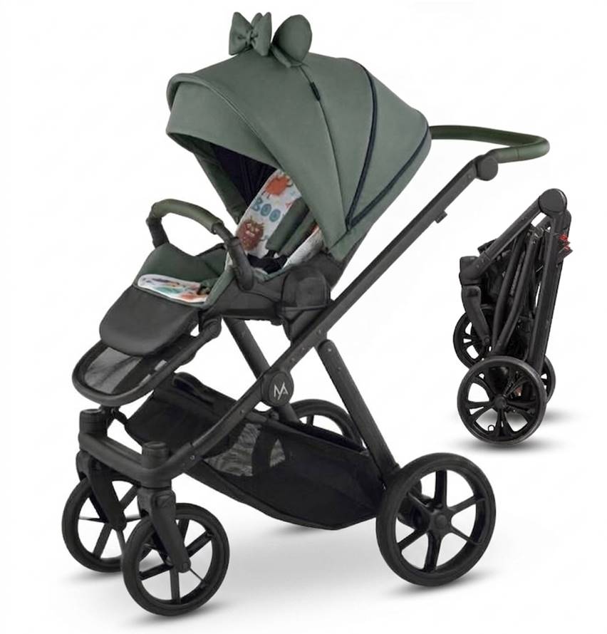 Wózek spacerowy Natoni Joy w kolorze khaki, zestawienie wersji rozłożonej gotowej do jazdy oraz wersji kompaktowo złożonej do transportu.