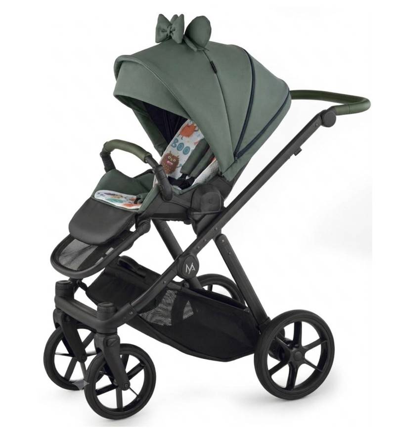 Wózek spacerowy Natoni Joy w odcieniu khaki, prezentujący nowoczesną sylwetkę z ozdobnym detalem w formie kokardy na budce.