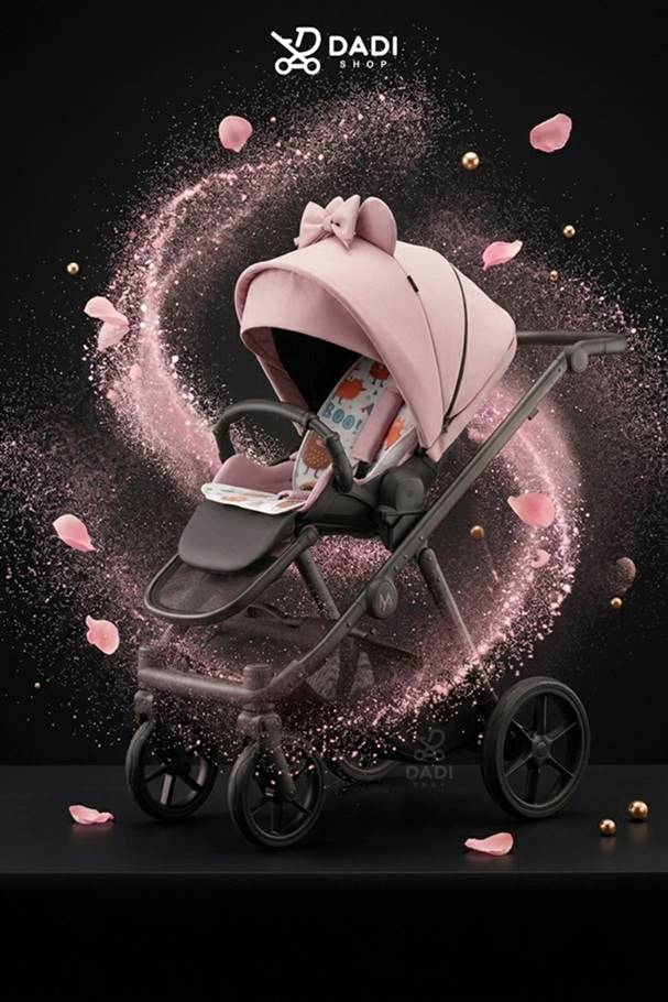 Spacerówka Natoni Joy New Coral Blush w pudrowym różu – magiczne wirujące płatki róży wokół stylowego wózka dla dziewczynki z dużą kokardą