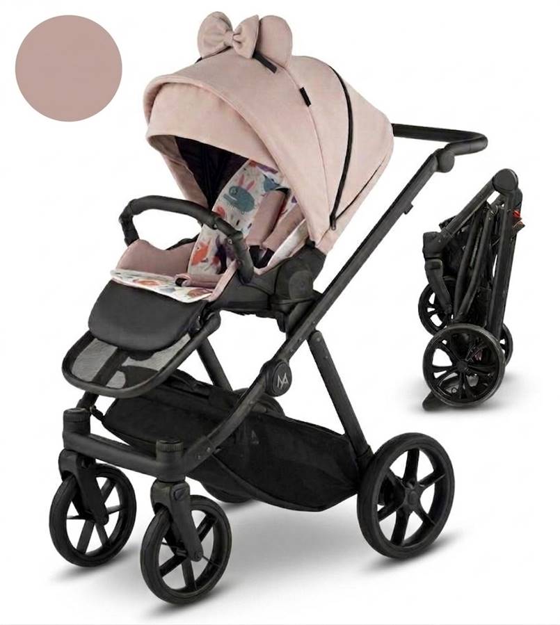 Wózek spacerowy Natoni Joy w subtelnym kolorze latte, prezentujący zestawienie wariantu rozłożonego oraz kompaktowo złożonego do transportu.