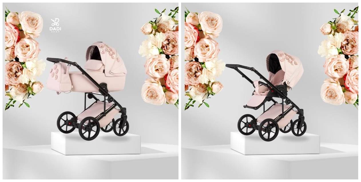 Wózek 2w1 Natoni Vespa Blossom Bubblegum, w różowym kolorze z kwiatowym motywem, doskonale ukazujący eleganckie detale gondoli  spacerówki , dostępny w sklepie Dadi Shop.