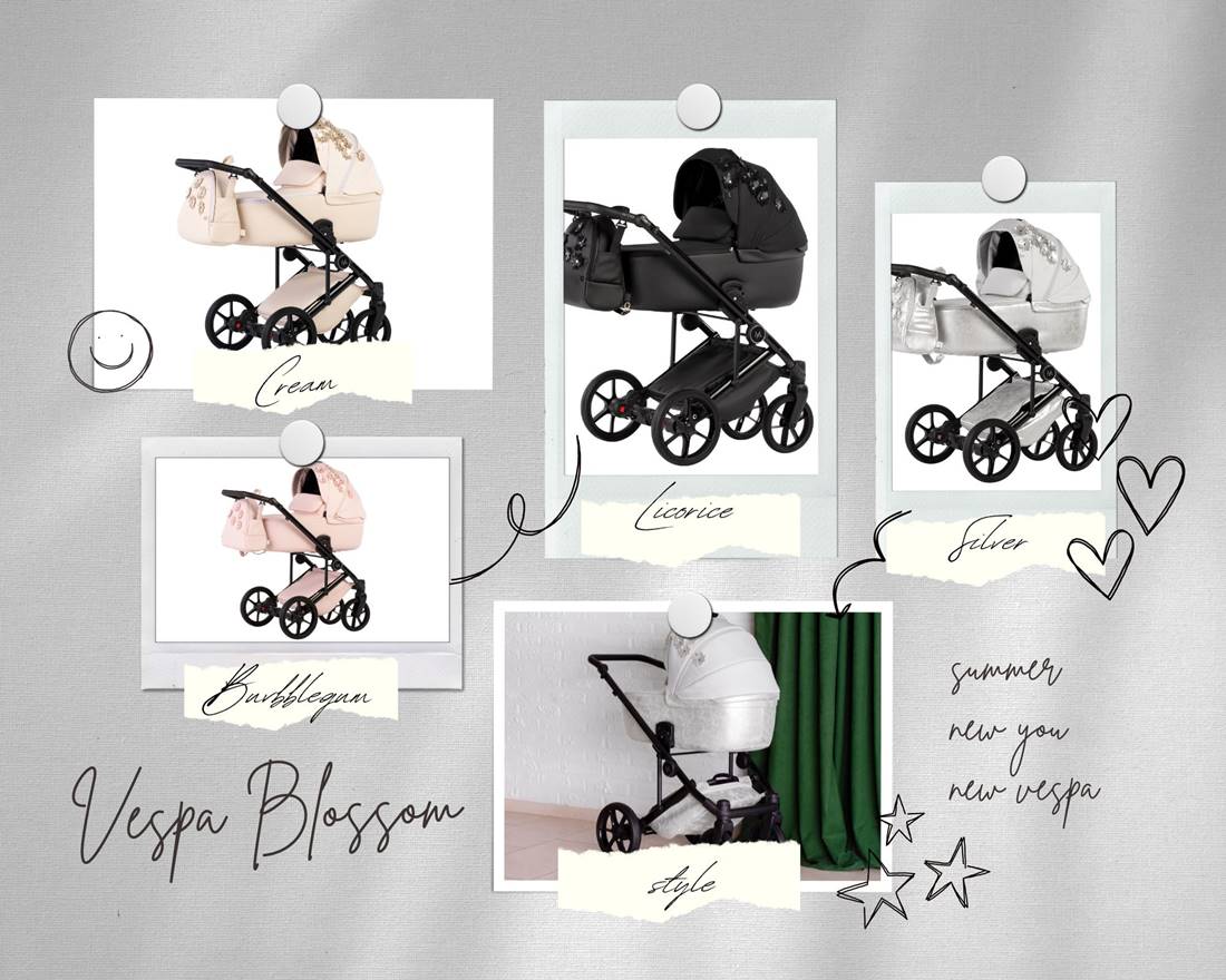 Kolaz zdjęć wózka dziecięcego Natoni Vespa Blossom w różnych kolorach, dostępnych w sklepie Dadi Shop.
