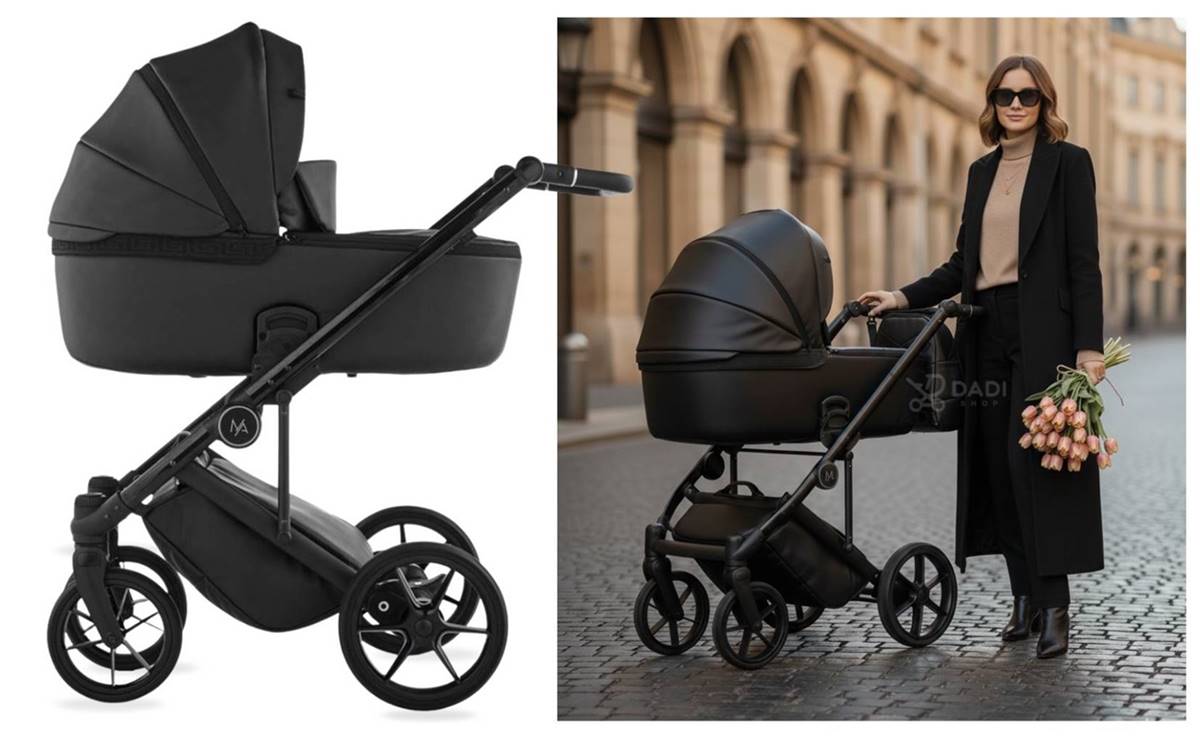 Natoni Vespa Eco 2w1 – głęboko-spacerowy wózek dziecięcy w sesji plenerowej, kolor All Black.