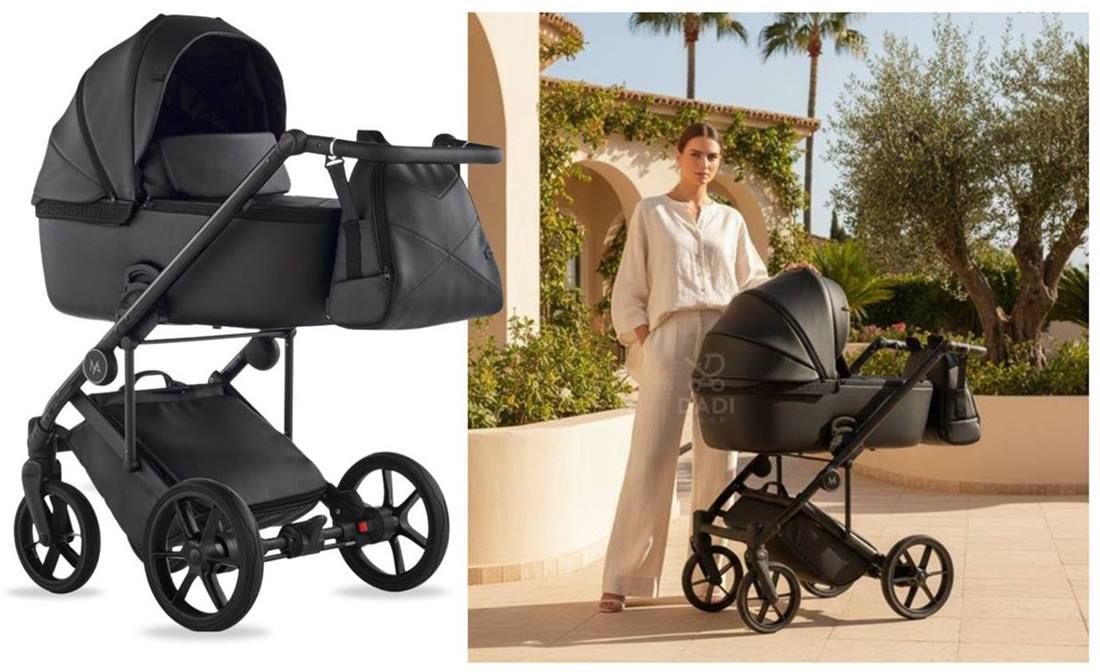 Natoni Vespa Eco 2w1 – głęboko-spacerowy wózek dziecięcy w sesji plenerowej, kolor All Black.