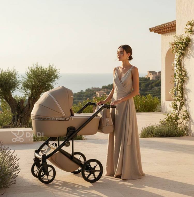 Beżowy Wózek dziecięcy w luksusowej plenerowej sesji lifestyle z modelką w sukni.