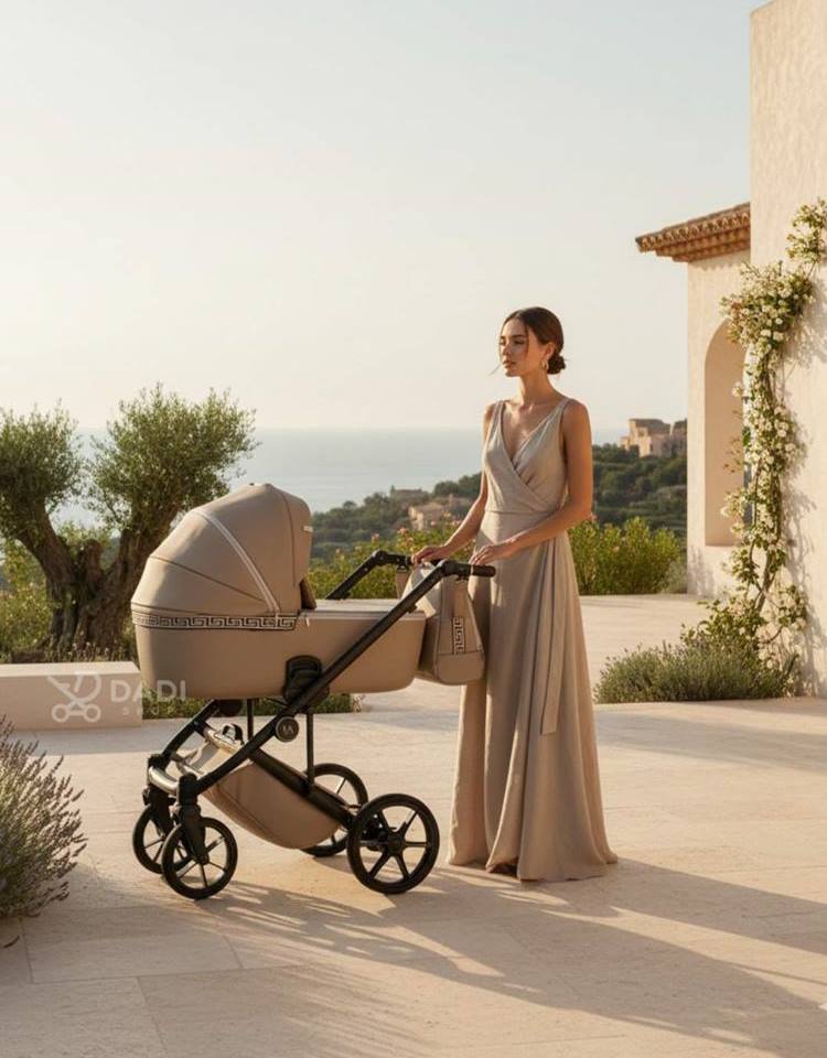 Beżowy wózek Natoni Vespa Eco Ginger na tle fontanny w eleganckiej włoskiej scenerii – stylowy i ponadczasowy design