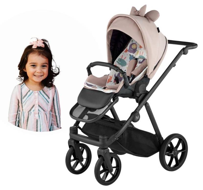 Spacerówka dwukierunkowa Natoni Joy New dla dziewczynki do 22 kg w kolorze Lattel z uszkami myszki, widok z przodu i tyłu, dostępna w sklepie Dadi Shop.
