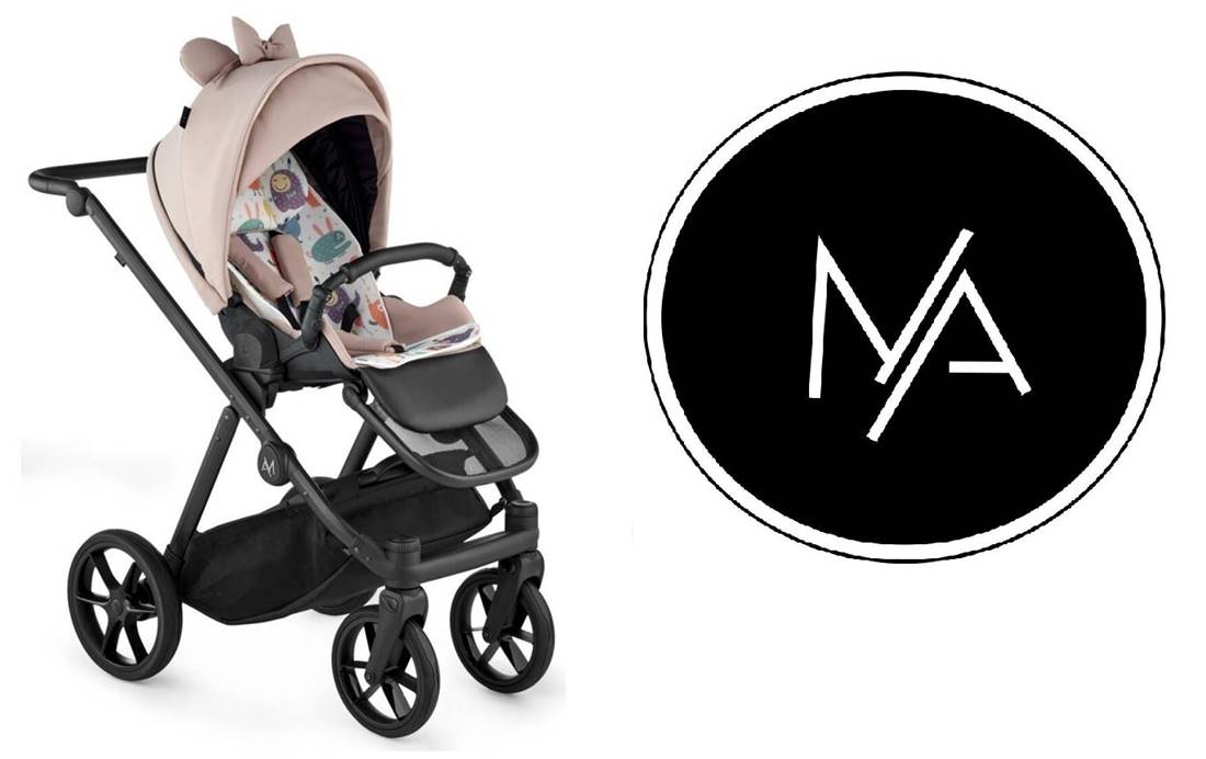 Prezentacja spacerówki Natoni Joy New w kolorze Lattel z dużymi kołami, widok z boku, obok logo firmy, dostępna w sklepie Dadi Shop.
