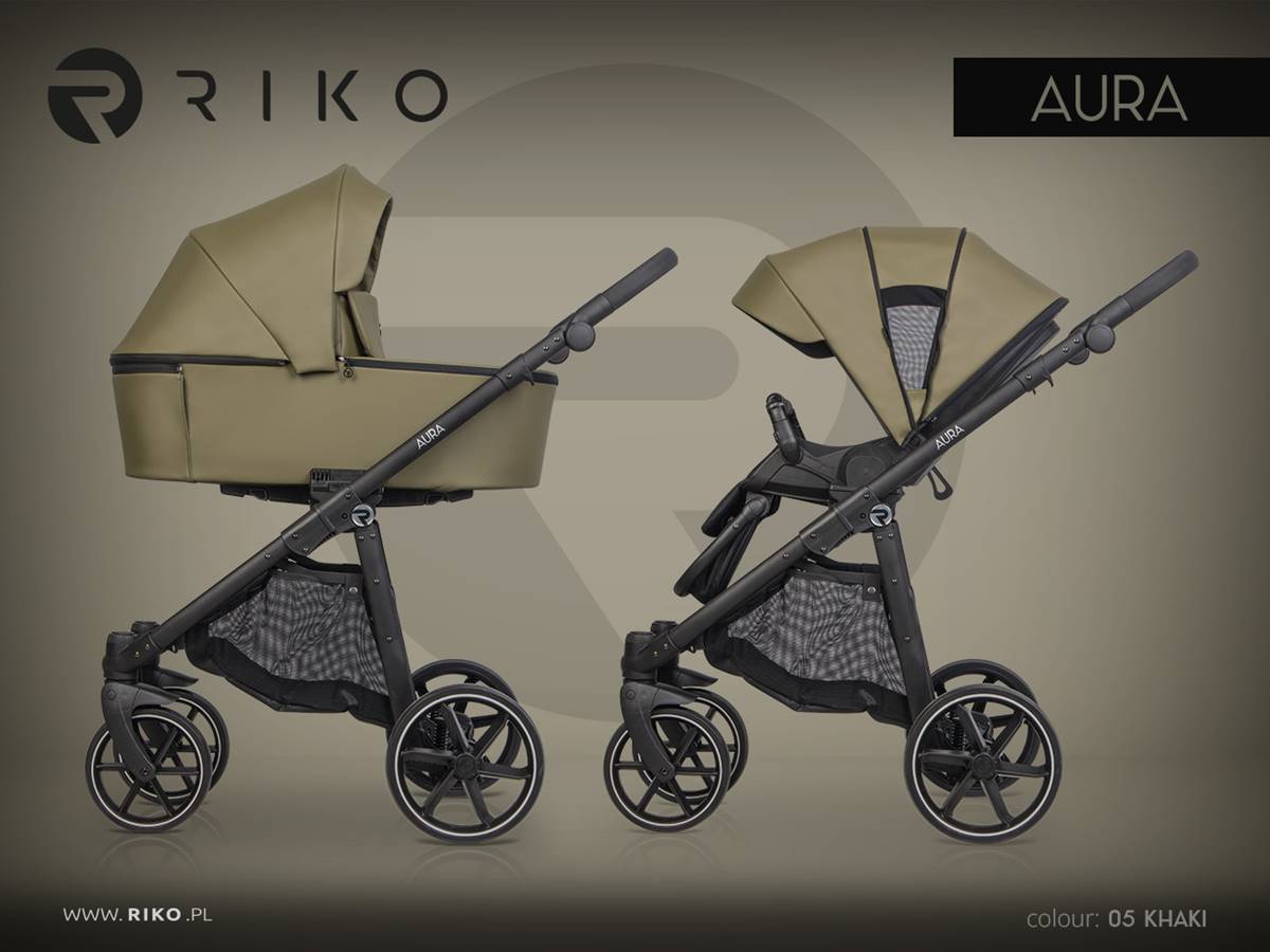 Riko Aura 05 Khaki – zielony wózek 2w1/3w1 z gondolą i spacerówką. Nowoczesny zestaw dostępny w sklepie Dadi-Shop, łączący funkcjonalność i styl.