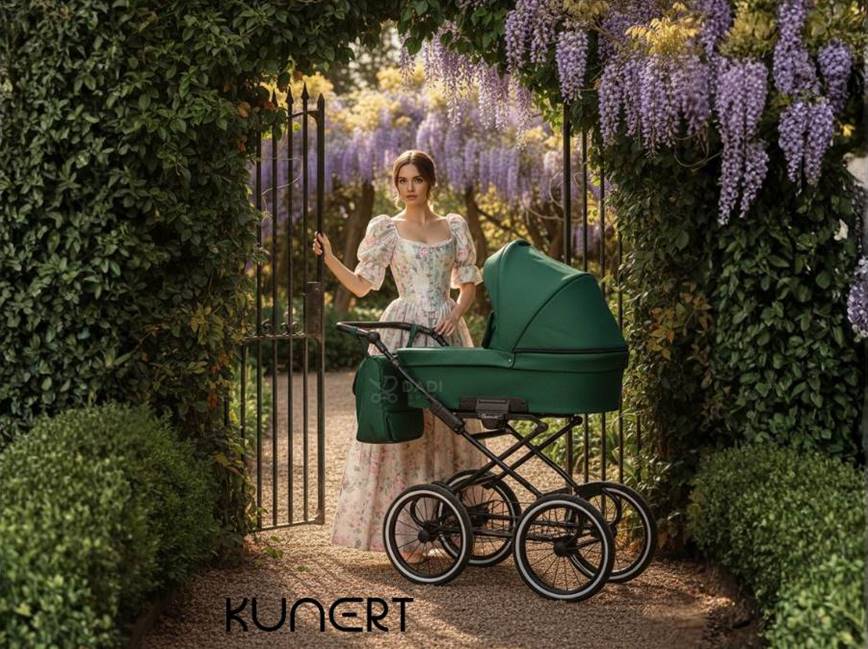 Modelka w stylizacji vintage i długiej sukni prowadzi elegancki wózek retro Kunert Romantic przez bramę tajemniczego ogrodu pełnego fioletowych kwiatów