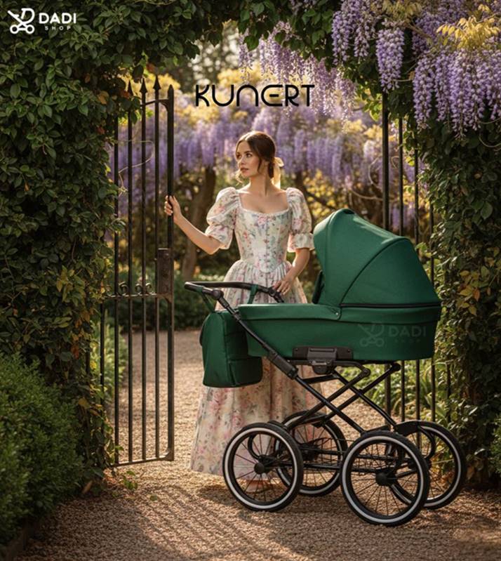 Wózek dla dziecka wielofunkcyjny retro Kunert Romantic 3w1 – prezentacja w plenerze z modelką, duże koła.