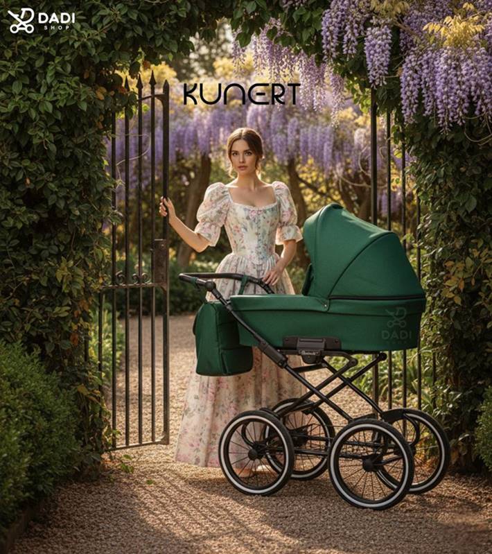 Wózek dziecięcy retro 2w1 Kunert Romantic w kolorze butelkowej zieleni na dużych pompowanych kołach podczas spaceru – oferta sklepu Dadi Shop