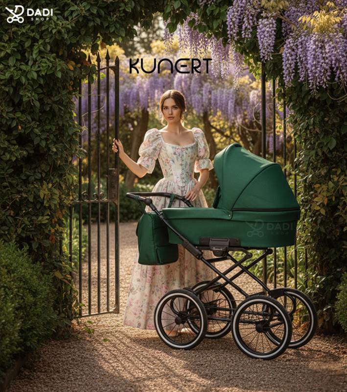 Kunert Romantic wózek dziecięcy retro 3w1 zielony z dużymi kołami – zdjęcie plenerowe z modelką.