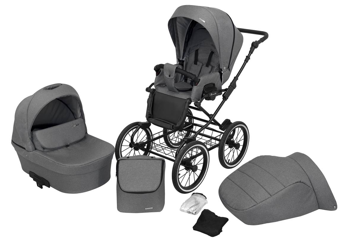 Akcesoria do wózka Kunert Romantic Baby 06 szary – retro spacerówka z folią przeciwdeszczową, moskitierą i plecakiem w zestawie.