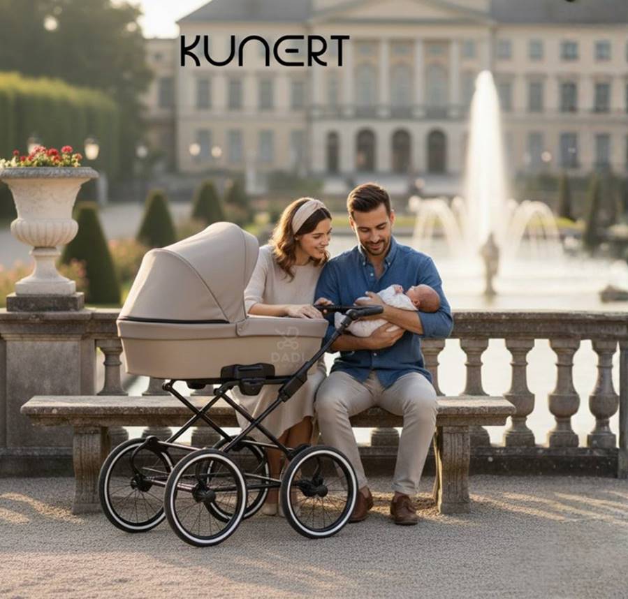 Para z niemowlęciem i wózkiem Kunert Romantic przy pałacu i fontannie.