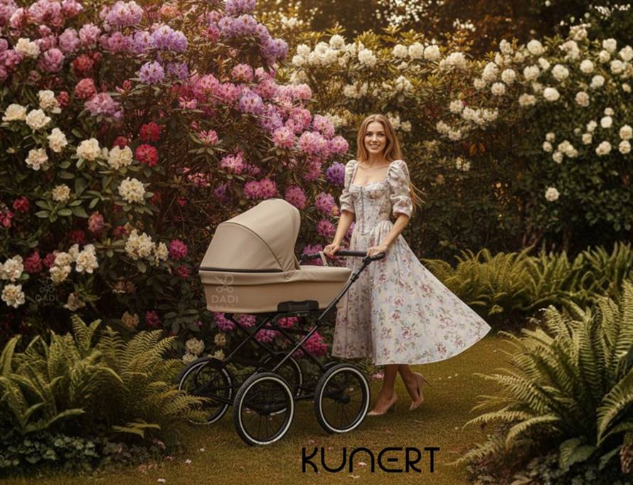 Kunert wózek dziecięcy - Romantic w sesji plenerowej wśród kwiatów.