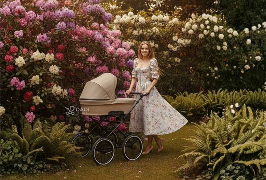 Elegancki wózek dziecięcy Kunert Romantic 3w1 na tle kwitnącego ogrodu.